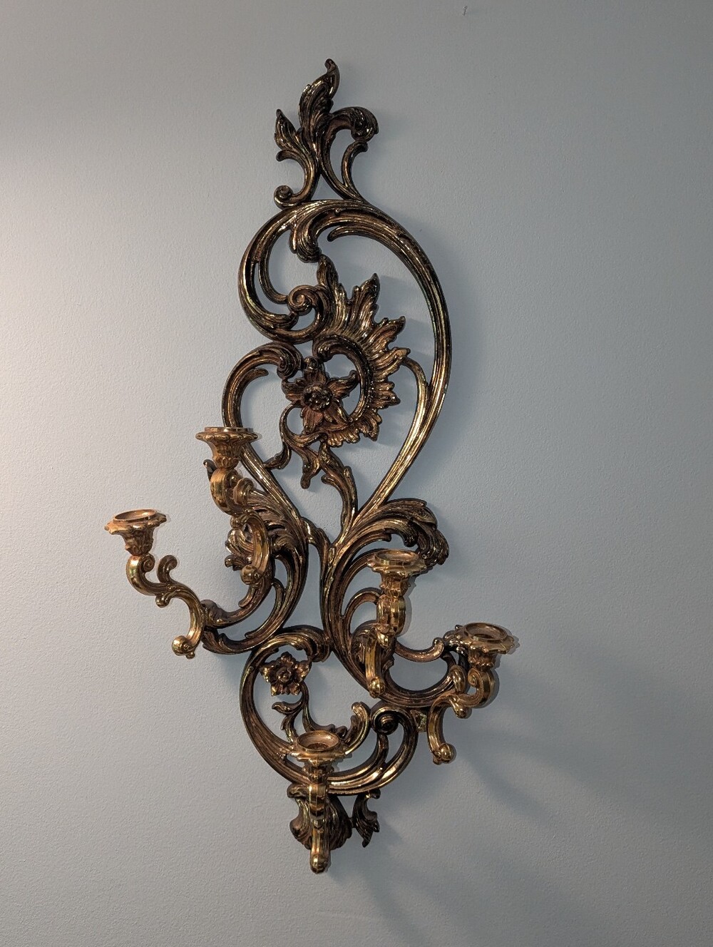 Vintage 1970s Plastic SYROCO 5 Arm Wall Sconce Ornate Tarnished Gold Baroque 34"